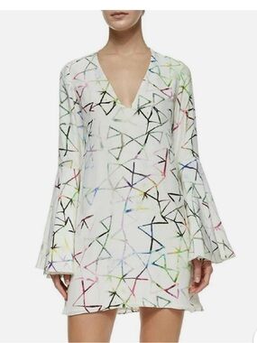 ALEXIS WHITE ABSTRACT PRINT BELL SLEEVE SILK SHIFT DRES, SIZE  L